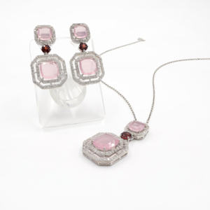 925 Sterling Silver Natural <b>Garnet</b> & Rose Quartz Pendant & <b>Earring</b> Set Rhodium Plated OEM ODM Fine Jewelry - Product Image 1