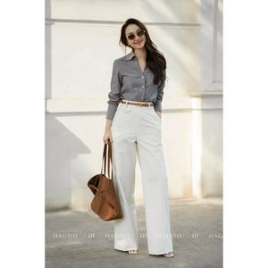 Chemise élégante pour femme à col pointu, col en tissu, rayée, en popeline de coton, manches longues, respirante, pour le bureau ou l'école A8088 - Product Image 1