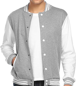 <b>Men's</b> Gray Varsity <b>Jacket</b> With <b>White</b> Sleeves Turn-down Collar Button Closure Casual Autumn Wear - Product Image 1