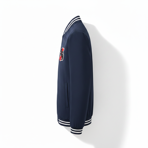 Chaqueta Varsity Azul Marino para Hombre con Logotipo Bordado en Rojo, Cierre de Cremallera, Cuello Camisero, Estilo Preppy, Ropa de Otoño - Product Image 2