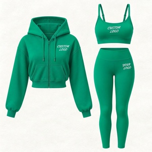 Conjunto Deportivo de 3 Piezas para Mujer, Otoño, con Logotipo Personalizado, Chaqueta Deportiva de Manga Larga, Sujetador Deportivo y Pantalones Capri, Ropa de Fitness - Product Image 3