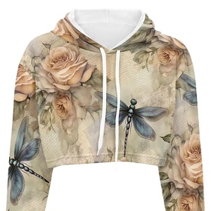 New Arrival 100% Cotton Women's Crop Top <b>Hoodie</b> with Long Sleeves Winter <b>Workout</b> Hooded Collar and Pockets - Product Image 2