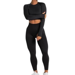 Ensemble de yoga sans couture pour femme, vêtements de sport respirants, haut court à manches longues et leggings taille haute pour fitness et entraînement - Product Image 1