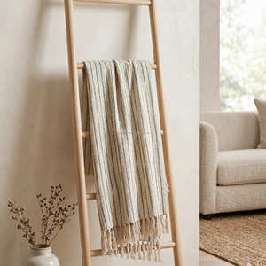 Manta de Sofá Tejida de Algodón Crema con Rayas Horizontales de 130x170 cm, con Flecos Decorativos para Decoración Moderna del Hogar - Product Image 5