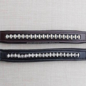 Made in India Handmade Empty Channel Leather Horse Brow Band Durable Edge <b>Stitching</b> & Padding With1row of Green <b>Crystals</b> Bling - Product Image 5