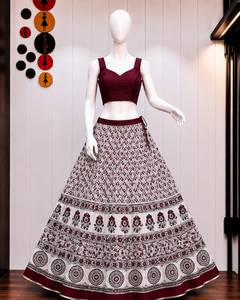 Traditional Indian Pakistani Lehenga Set Cotton Digital Print Floor-Length Skirt with <b>Maroon</b> Crop <b>Top</b> Women's Wedding Outfit - Product Image 1