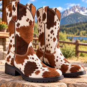 Bottes Western en cuir véritable de vache pour hommes et femmes |   Bottes de cowboy faites à la main avec fourrure |   Tendance de la mode toutes saisons - Product Image 1