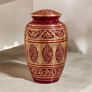 Urna Funeraria de Aluminio Esmaltada en Rojo Dorado con Incrustaciones Florales para Cenizas, Ataúd Conmemorativo para Decoración de Condolencias - Product Image 1