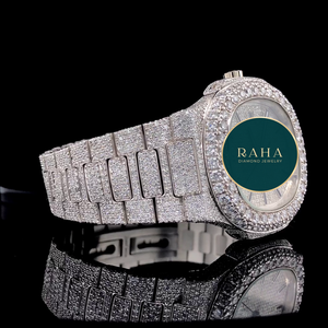 Montre de luxe RAHA en quartz avec boîtier en moissanite 41 mm, cadran en cristal, bracelet en acier inoxydable, mouvement analogique ETA, résistance à l'eau 5 ATM - Product Image 2