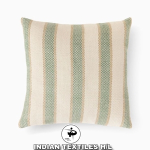 INDIAN TEXTILES H/L Striped Square Throw Pillow Cover Woven Minimalist Decorative <b>Cushion</b> <b>Beige</b> Green Textile - Product Image 1