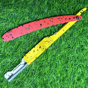 มีดโกนหนวดแบบเลื่อนล็อคสีเหลืองนีออนชมพู มีดโกนหนวดตรงแบบพับได้ มีดโกนตัดผมแบบพับได้ พร้อมโลโก้สำหรับร้านทำผม - Product Image 1