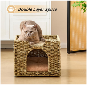 Handwoven Fiber Cat Bed Cave Square <b>Indoor</b> All Seasons Collapsible Pet Bed for Cats Natural Color Durable Design - Product Image 4