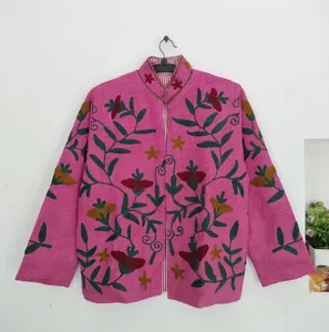 Chaqueta de Algodón TNT Suzani Fucsia Estilo Boho para Mujer, Bordado Floral Botánico, Reversible, Hecha a Mano, Estilo Vintage - Product Image 1