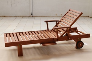 Single Outdoor Lounger in Solid Teak Wood Oiled Finish Modern Design with Arm and Adjustable <b>Back</b> Position No <b>Cushions</b> - Product Image 4