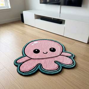 Tapis décoratif doux en laine tuftée à la main, motif géométrique moderne, pieuvre rose mignonne, très demandé, pour chambre d'enfant - Product Image 5