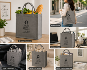 กระเป๋าผ้าแคนวาสสีเทา 30x25x12 ซม. หูหิ้วคู่ เปิดด้านบน มีช่องซิปด้านใน น้ำหนักเบา ทนทาน นำกลับมาใช้ใหม่ได้ เป็นมิตรกับสิ่งแวดล้อม - Product Image 4