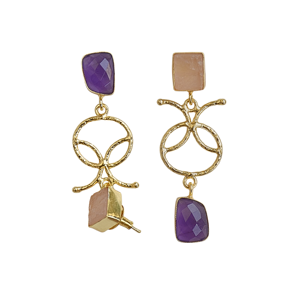 Boucles d'oreilles pendantes double pierre en gros, plaquées or, semi-précieuses, quartz rose, améthyste, bijoux de mode pour distributeurs - Product Image 2