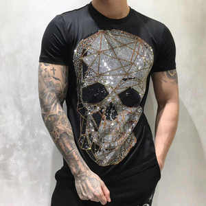 T-shirt en jersey uni noir à manches courtes pour homme, imprimé crâne scintillant, logo personnalisé, coupe ample, col rond, décontracté, 100% coton, respectueux de l'environnement - Product Image 3