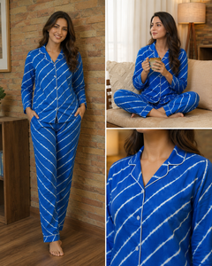 Customized Women Stylish Blue Floral Pajama <b>Set</b> Cotton Long Sleeve Sleepwear <b>Set</b> Comfortable Elastic Waist V-neck Nightwear - Product Image 6