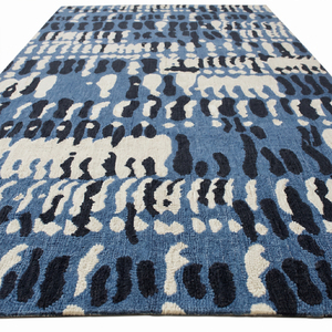 DECORDEC Tapis géométrique en laine écologique bleu indigo ivoire fait main antidérapant contemporain pour salon et chambre - Product Image 2