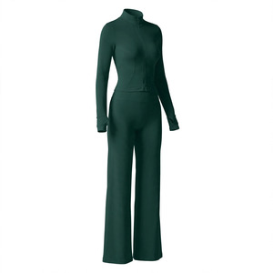 Combinaison de yoga pour femme, couleur personnalisable, col montant, manches longues, taille mi-haute, jambe évasée, extensible sans couture, longueur intégrale, ensemble 2 pièces, devant - Product Image 3