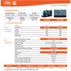 JDC165D5S ByCummins 120 kW 150KVA 사일런트 파워 제너레이터 3 상 400V 디젤 엔진으로 구동 6BTAA5.9- G12 공항 용 - Product Image 6