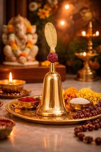 Cloche de prière Rudraksha en laiton avec boîte cadeau en velours marron, Ghanti doré pour la maison, le temple, le mandir, le bureau et le culte religieux - Product Image 2