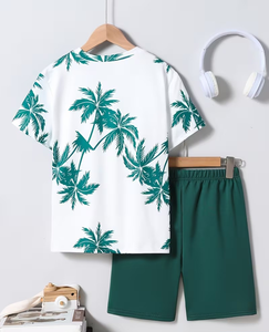 Boys Tropical Palm Print T-Shirt and Shorts Set Casual Summer Outfit Cotton Knitted Fabric White Green - Product Image 3