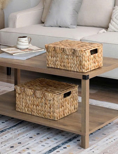 Practical Scalloped Edge Natural Water Hyacinth <b>Basket</b> with Lid Wicker Storage <b>Basket</b> <b>for</b> <b>Shelves</b>, Nursery Room - Product Image 3