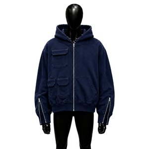 PREMIUM NAVY BLUE VINTAGE WASHED OVERSIZED <b>ZIP</b> <b>UP</b> HOODIE WITH UTILITY POCKETS Cotton French Terry Casual Pocket Design Autumn W - Product Image 1