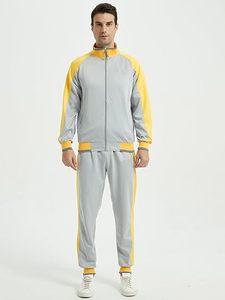 Ensemble de survêtement unisexe jaune et gris avec blocs de couleur, sweat-shirt zippé et pantalon de jogging, style sportif respirant pour adulte, idéal pour le printemps - Product Image 5