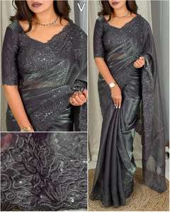 Sari moderne en soie satinée avec broderie de fils de paillettes et tissage jacquard pour femmes indiennes, idéal pour les occasions de fête - Product Image 3