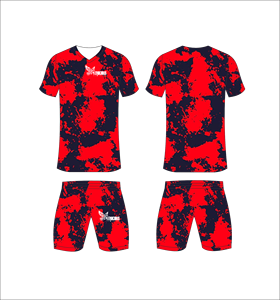 Conjunto de Camiseta y Pantalones Cortos de Fútbol Sublimados Personalizados Ferocious, Cuello en V, Absorbe la Humedad, Camuflaje Rojo, Ropa Deportiva para Hombre, Venta al Por Mayor - Product Image 1
