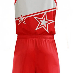 Ensemble d'uniformes de basketball personnalisés pour hommes, rouge et blanc, maillot sans manches à col en V et short à imprimé étoile, taille élastique, vêtements d'équipe en gros - Product Image 5