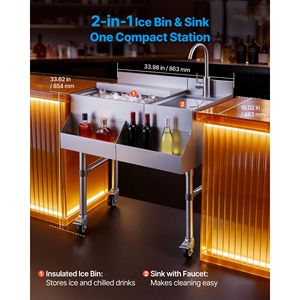 Bac à glace commercial certifié NSF avec robinet d'évier, 60 Qt, en acier inoxydable, couvercle coulissant, 24 x 19 x 35 pouces - Product Image 2