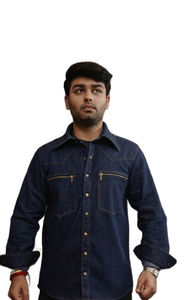 เสื้อเชิ้ตเดนิมสีน้ำเงินเข้มพรีเมียมสำหรับผู้ชาย พร้อมกระเป๋าซิปคู่ แขนยาว สวมใส่ได้ทั้งแบบลำลองและกึ่งทางการ ทรงพอดีตัวทันสมัย เสื้อผ้าผู้ชาย - Product Image 2