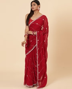 Sari Tradicional de Rayón Color Granate para Mujer, Marca KV, Diseño Evara para Fiestas, con Blusa Sin Coser - Product Image 1