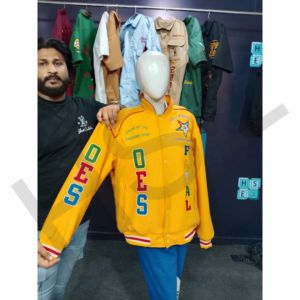 Custom OEM Varsity <b>Jacket</b> Yellow Letterman <b>Jacket</b> with Embroidered Patches and Ribbed Cuffs - Product Image 2