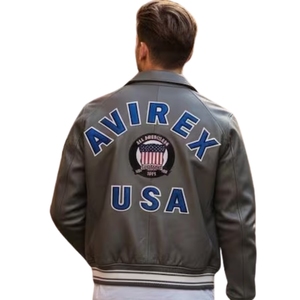Veste de baseball style Avirex grise, livraison directe, New York, États-Unis |   Cuir de vache véritable, cuir de vachette de qualité supérieure et taille personnalisée sur mesure - Product Image 4