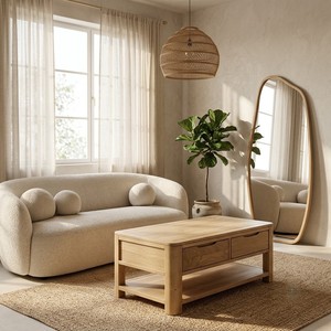 Modern Wooden Coffee Table With Drawers And Open <b>Shelf</b> Scandinavian Living Room Furniture Natural Finish Storage Design - Product Image 1