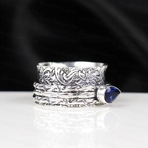Vintage 925 Sterling <b>Silver</b> Blue Sapphire Spinner for Anxiety Relief Boho Pear Shape Sapphire Meditation Handmade <b>Ring</b> Jewelry - Product Image 4