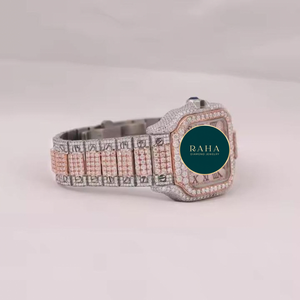 Montre de luxe RAHA en acier inoxydable avec boîtier serti de diamants, mouvement mécanique analogique de 41 mm, résistante à l'eau 3 BAR, bracelet unisexe tendance - Product Image 1