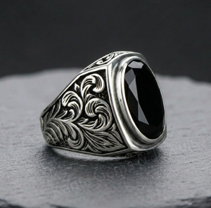 Men's 925 <b>Silver</b> <b>Silver</b> Signet Ring With 10x14mm Oval Black Onyx Gemstone Vintage Floral Pattern Bezel Setting For Everyday Wear - Product Image 2