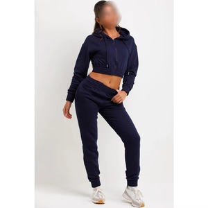 Ensemble de survêtement pour femme en coton, coupe ajustée, avec haut court et pantalon, style décontracté pour le jogging, vente en gros - Product Image 1