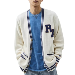 Venta al por mayor de suéter de manga larga Varsity Letterman con logotipo personalizado para hombre, cárdigan con parche bordado a rayas para otoño botón - Product Image 1