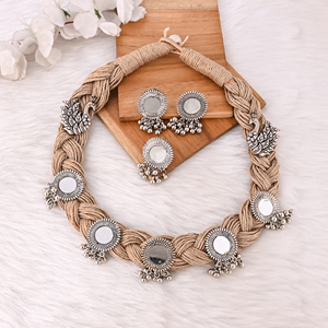 Designer Jute Mirror Work Jewelry Set <b>Necklace</b> Earrings & <b>Ring</b> Boho Fashion Accessories for Women - Product Image 1