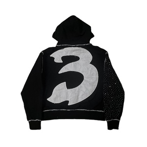 Sweat-shirt à capuche noir oversize avec fermeture éclair, manches ornées de strass et logo frontal, style streetwear pour homme, vente en gros, personnalisation OEM - Product Image 3