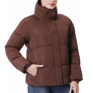 Women <b>Burgundy</b> Stand Collar <b>Puffer</b> <b>Jacket</b> Casual Solid Color Polyester Shell Windproof Zipper Closure Thin Fit Autumn Wear Brown - Product Image 3