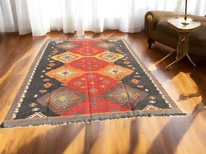 Tapis Kilim Moderne Écologique Fait Main à Motif Abstrait en Laine Rectangulaire pour Salon Antidérapant à Poils Moyens en Latex - Product Image 1
