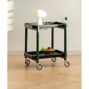 Chariot de service moderne en métal, forme rectangulaire, design minimaliste, finition durable avec revêtement en poudre, cadre vert, étagères noires - Product Image 1